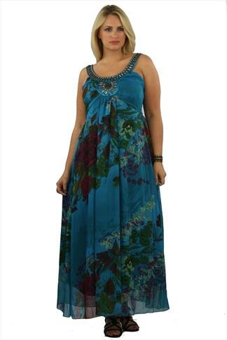 Teal Print Embellished Neck Maxi Dress